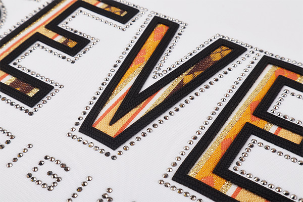 3D Fancy Shinny Alphabet Fabric Heat Transfer Labels with Rhinestone and Glitter for Fashion Brands