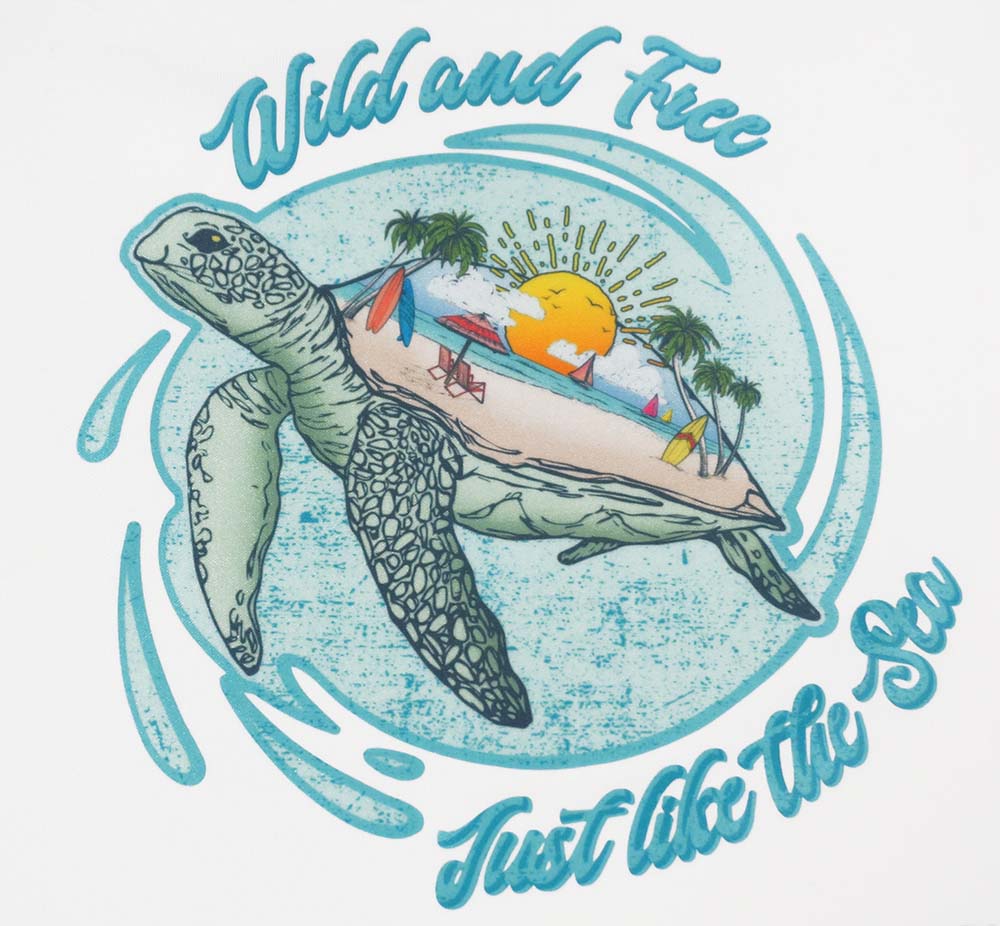 Ocean Environmental Protection Satin Heat Transfer Label With Cartoon Turtle And Sea For Fashion Brands