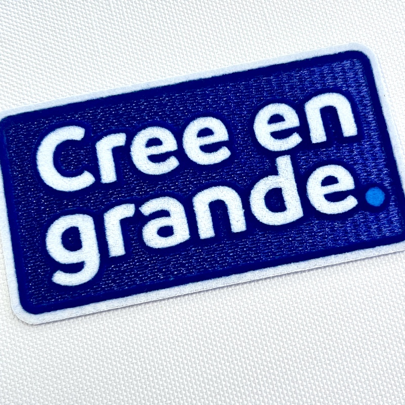 Blue And White Text-only Flock And Tatami Fabric Badge