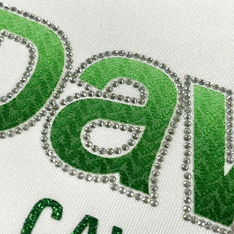 3D Green Fabric Heat Transfer Stickers with Rhinestone and Glitter for Fashionwear