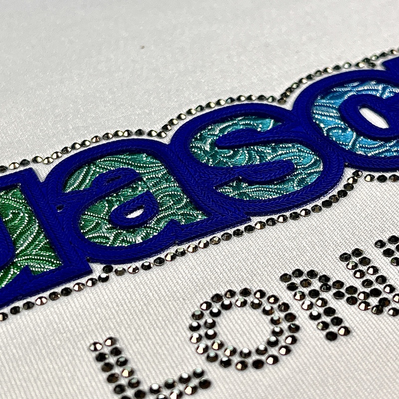 3D Fancy Rainbow Embroidery Letters Heat Transfer Labels with Rhinestones for Fashion Brands