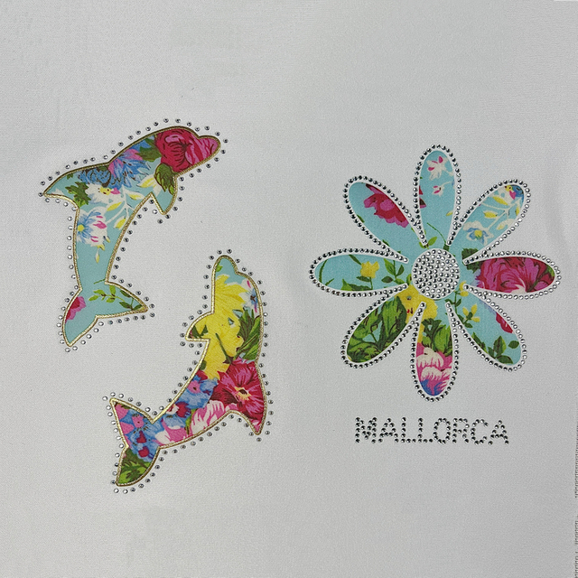 Multi-layer Flower And Shark Design Heat Transfer with Rhinestones