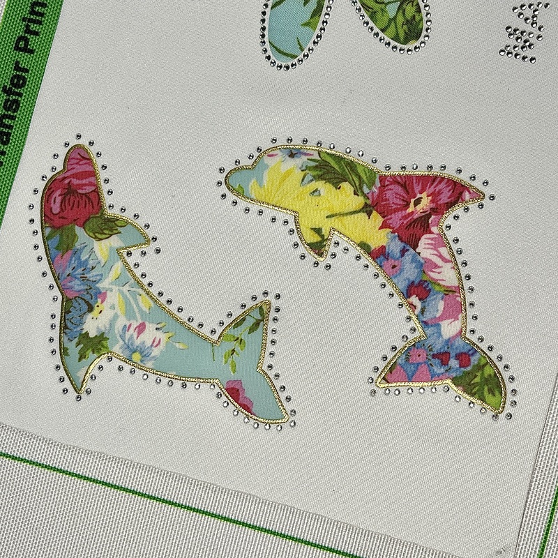 Multi-layer Flower And Shark Design Heat Transfer with Rhinestones