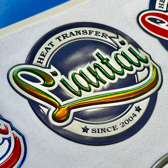 3D Greenish Iridescent TPU Heat Press Logo Shields for Activewear