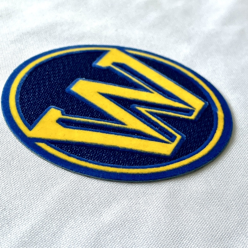 3D Circular Blue Yellow Letters Flock And Tatami Fabric Badges for Garments Sportswear Teamwear