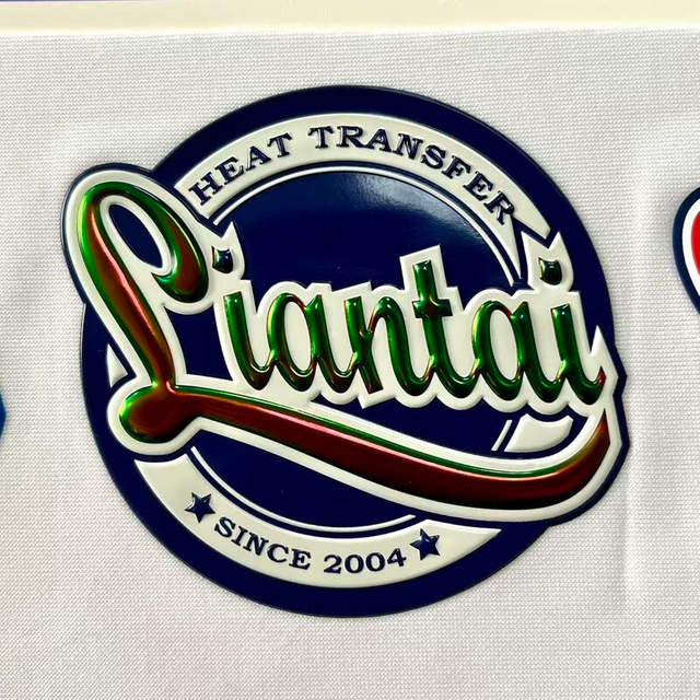 3D Greenish Iridescent TPU Heat Press Logo Shields for Activewear