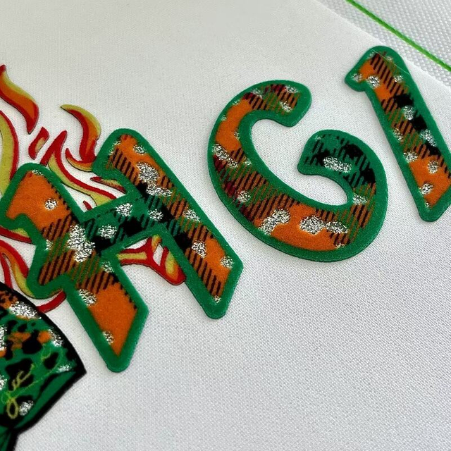 Custom Silver Glitter And Flock Heat Transfer Patches for Fashionwear Childrenwear