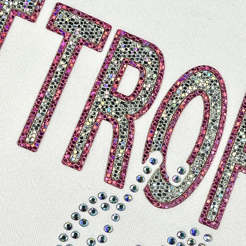 3D Fancy Sparkling Letter Heat Transfer Labels with Rhinestone and Glitter for Fashion Brands