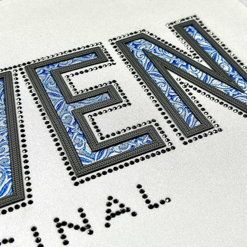 3D Blue Floral Embroidery Letters Heat Transfer with Textures for Fashion Brands