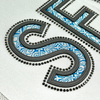 3D Blue Floral Embroidery Letters Heat Transfer with Textures for Fashion Brands