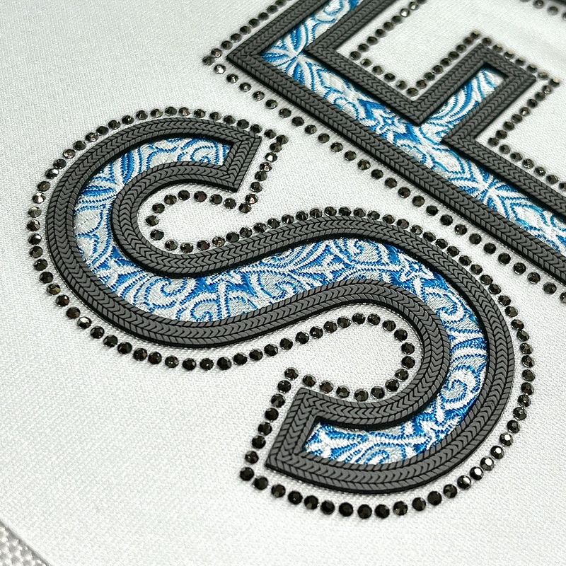 3D Blue Floral Embroidery Letters Heat Transfer with Textures for Fashion Brands