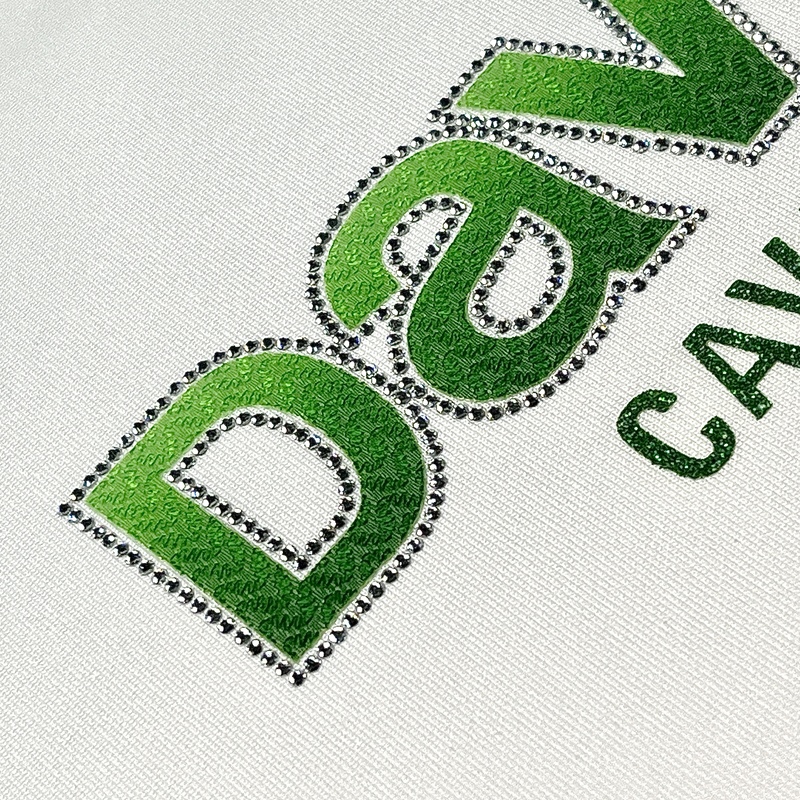 3D Green Fabric Heat Transfer Stickers with Rhinestone and Glitter for Fashionwear