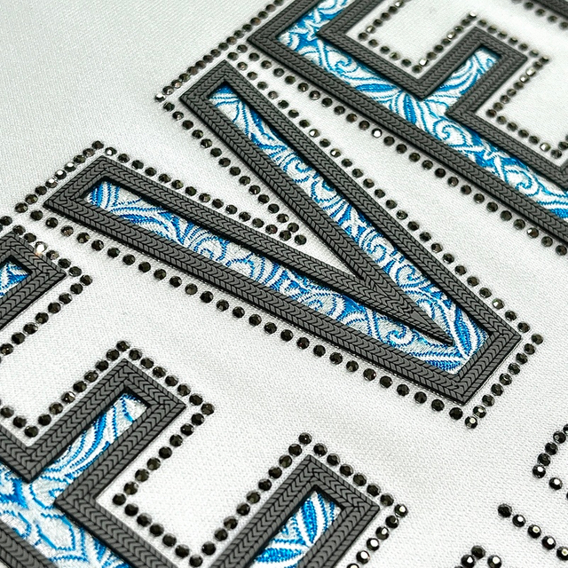 3D Blue Floral Embroidery Letters Heat Transfer with Textures for Fashion Brands