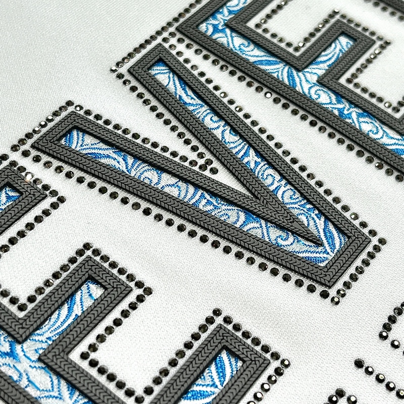 3D Blue Floral Embroidery Letters Heat Transfer with Textures for Fashion Brands
