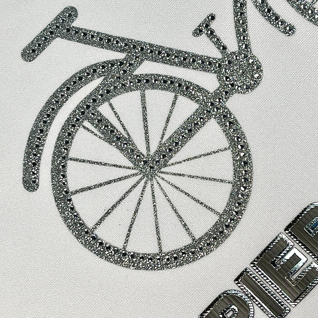 Shiny Glitter Silver Bicycle with Glossy Letter Patch Heat Transfer for Fashionwear 