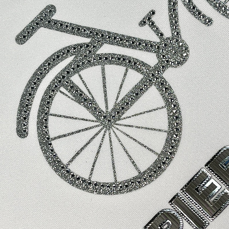 Shiny Glitter Silver Bicycle with Glossy Letter Patch Heat Transfer for Fashionwear 