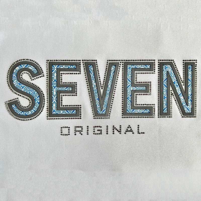 3D Blue Floral Embroidery Letters Heat Transfer with Textures for Fashion Brands