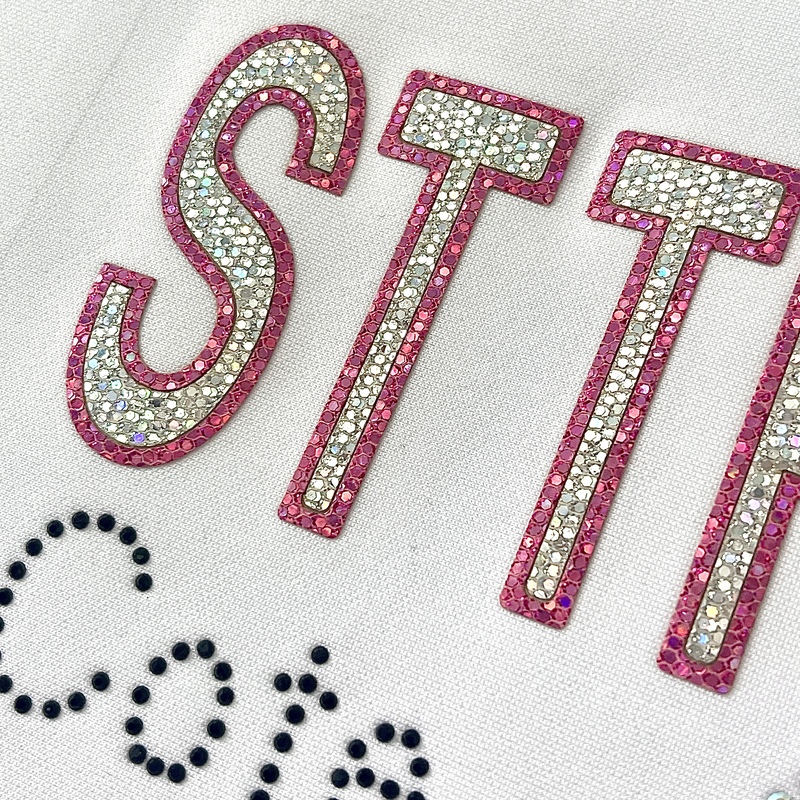 3D Fancy Sparkling Letter Heat Transfer Labels with Rhinestone and Glitter for Fashion Brands
