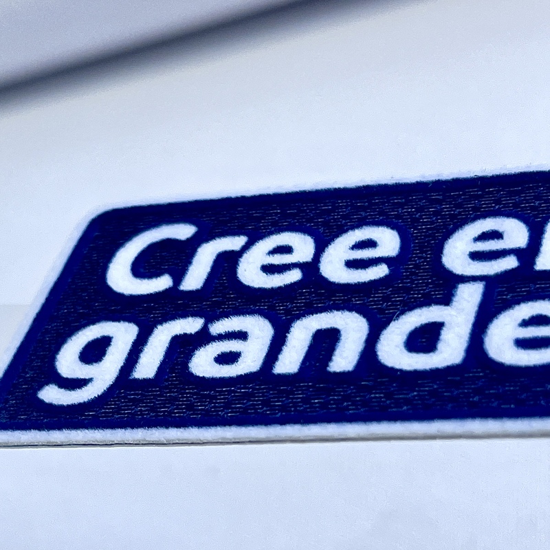 Blue And White Text-only Flock And Tatami Fabric Badge
