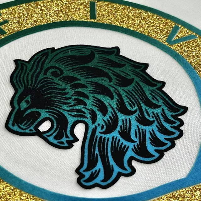 Custom Golden Glitter And Flock Heat Transfer Patches for Garments Sportswear Teamwear